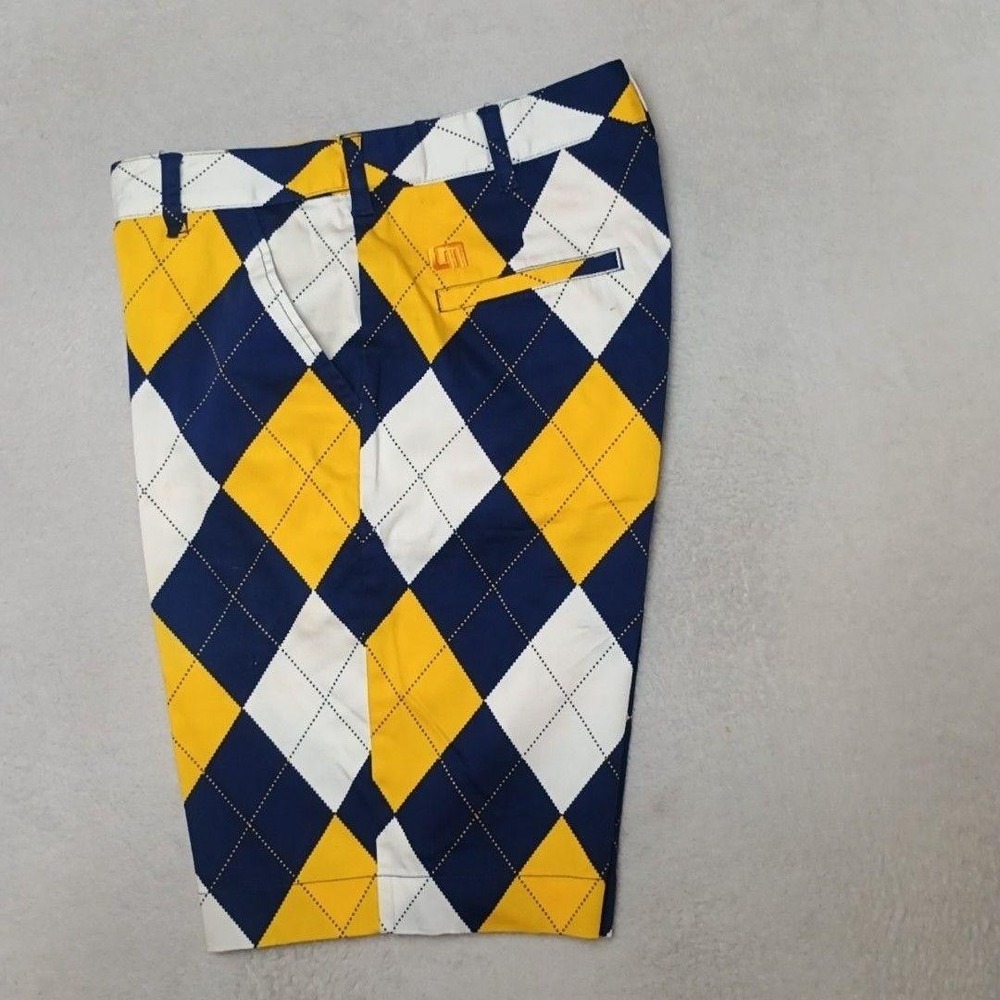Loudmouth Shorts Mens 32 Blue Yellow Argyle 11" Golf Chino Pockets Stretch Work